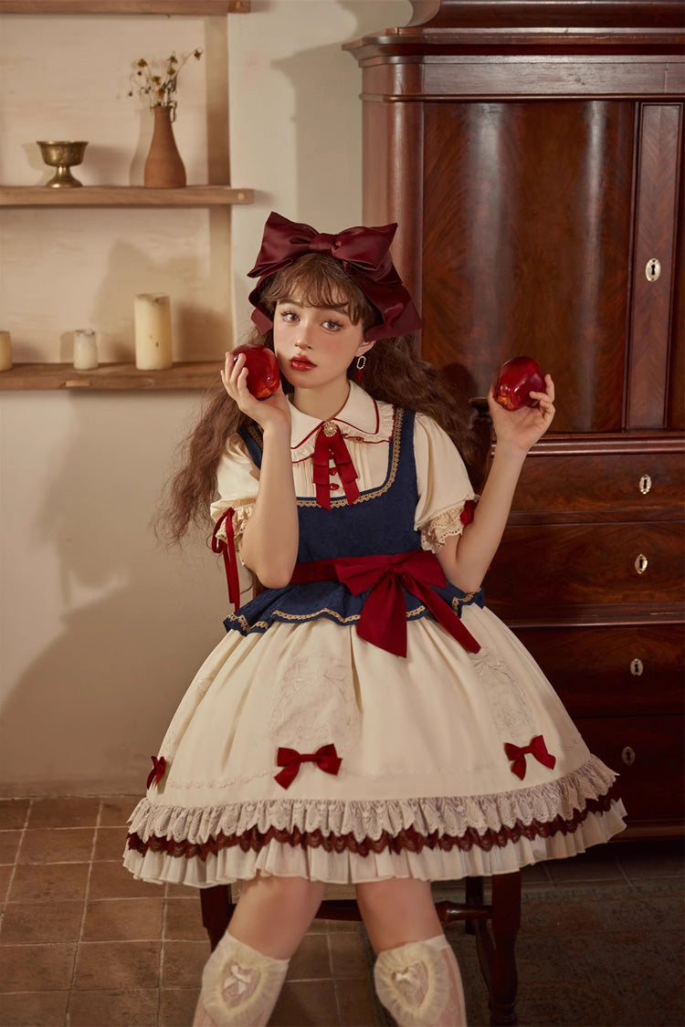 Multi-Color Snow White Lapel Collar Ruffle Short Sleeves Sweet Lolita Dress