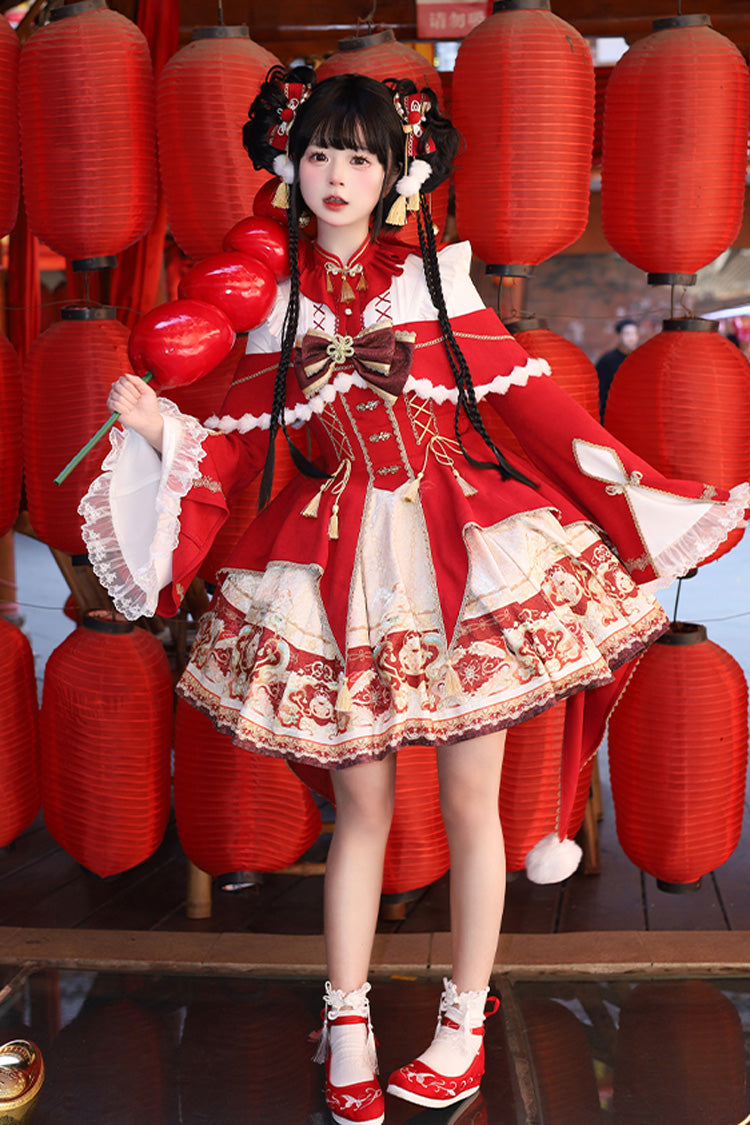 Red [New Year] Print Ruffle Bowknot Lace-Up Sweet Chinese Style Lolita Jsk Dress