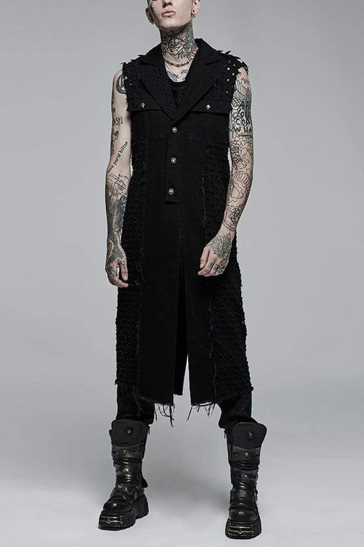 Black V Collar Sleeveless Ripped Mens Steampunk Long Vest