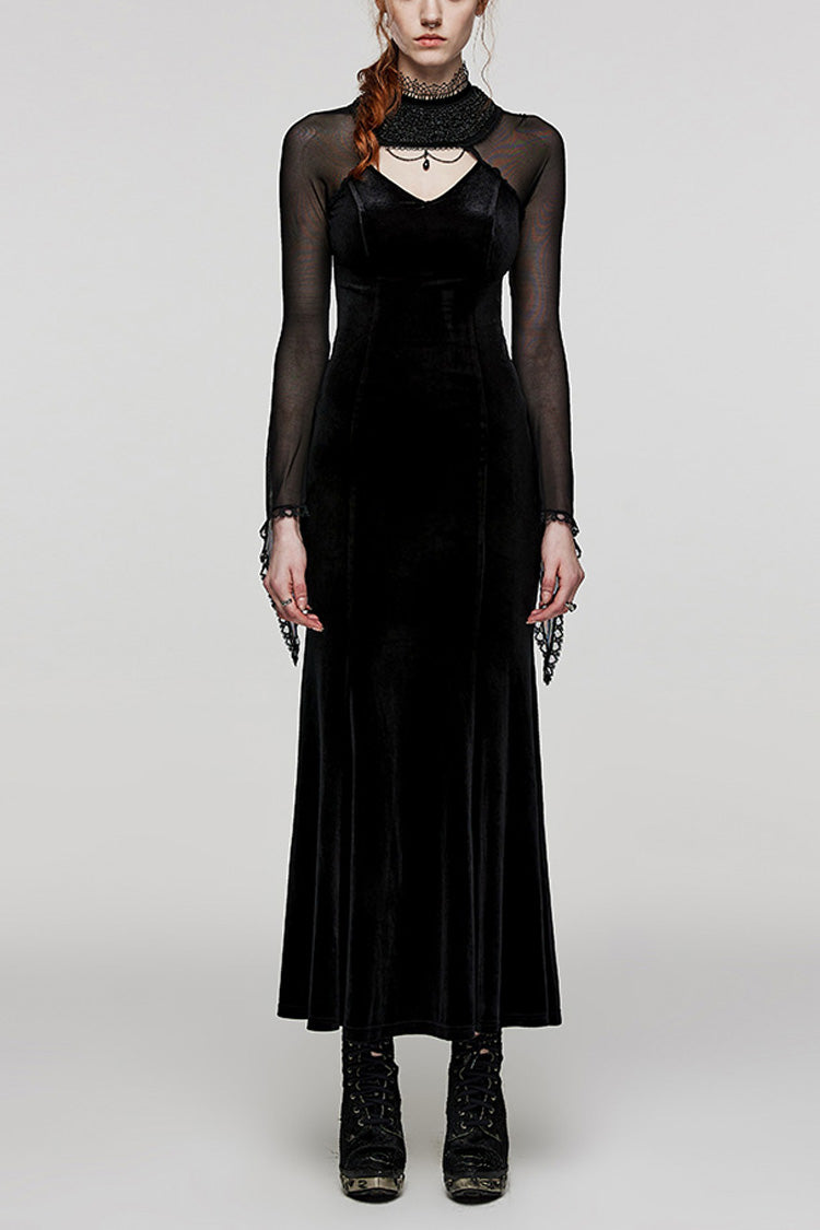 黒の長袖中空ステッチレースシアーレディースゴシックゴージャスドレス