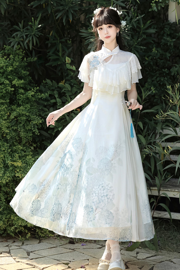 Robe Lolita élégante de style chinois doux avec manches courtes imprimées, volants en dentelle et message d'hortensia blanc 
