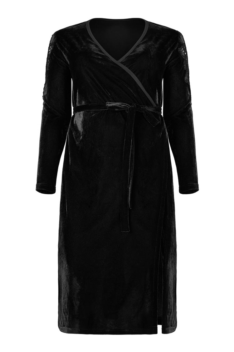 Black Velvet Sexy V-Neck Hollow Out Exquisite Applique Hem Slit Design Corded Long Women's Plus Size Gothic Dress