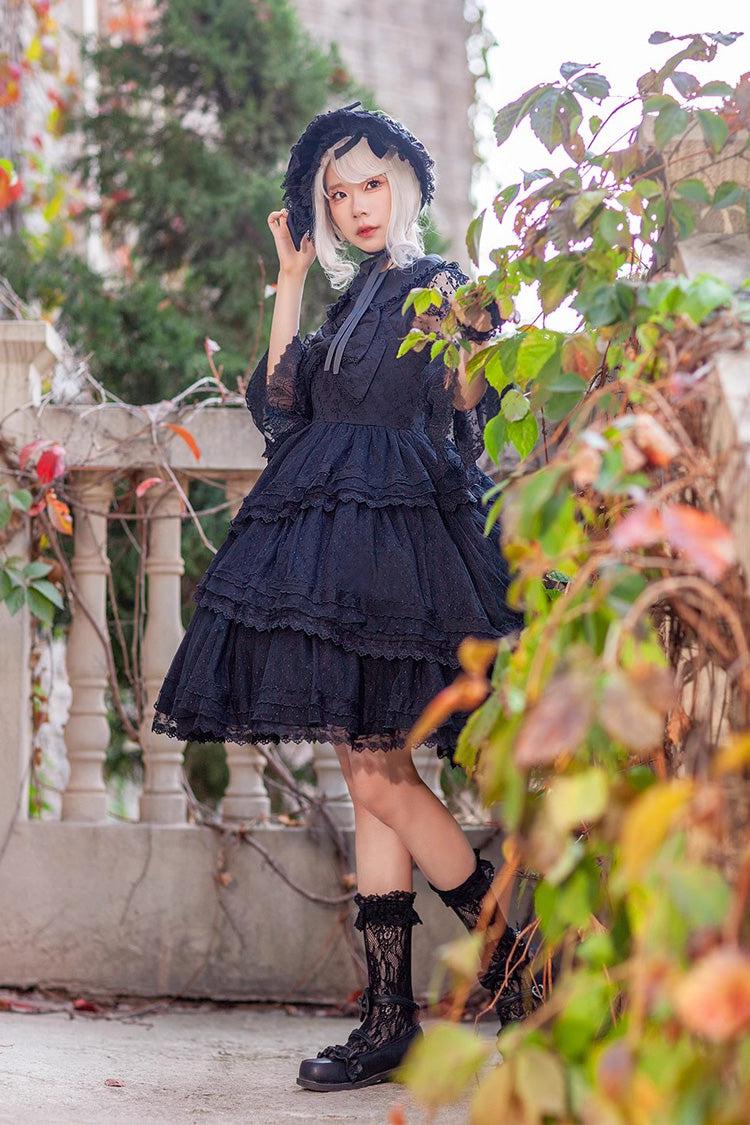 Black Solid Color Tower of Dawn Bowknot Sleeveless Ruffle Gothic Lolita Dress