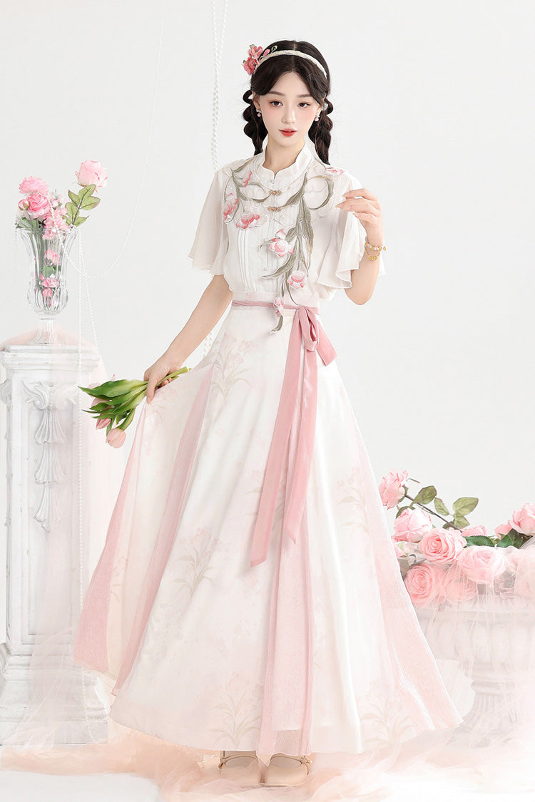 White/Pink [Tulip] Round Collar Short Sleeves High Waisted Printed Women's Sweet Hanfu Set