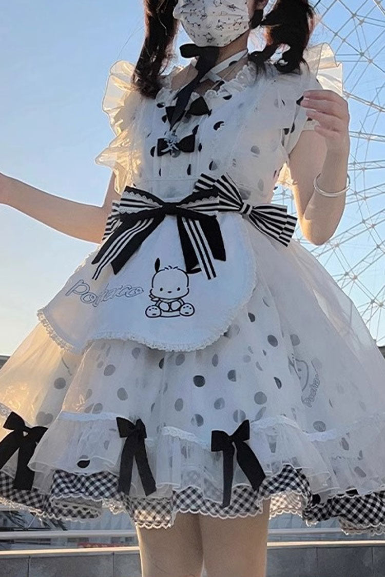 White/Black Short Sleeves Pacha Dog Polka Dots Print Ruffle Bowknot Alice Sweet Lolita Dress