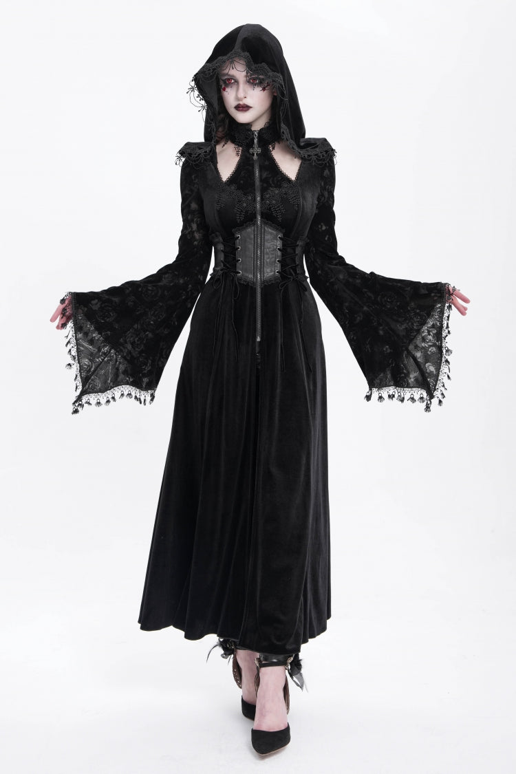 Black Long Sleeves Hollow Embroidery Hooded Ripped Women's Gothic Dress Coat