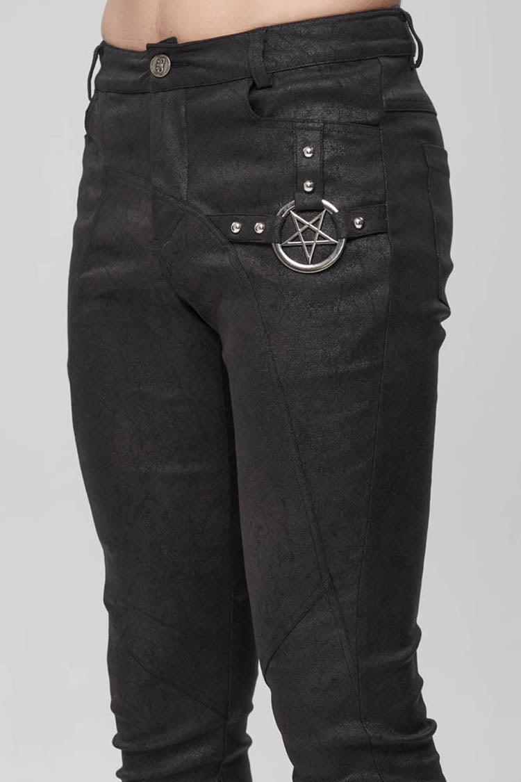 Black Punk High Collar Long Sleeve Stitched Metal Lace-Up Pentagram Hollow Texture Design Men's T-Shirt