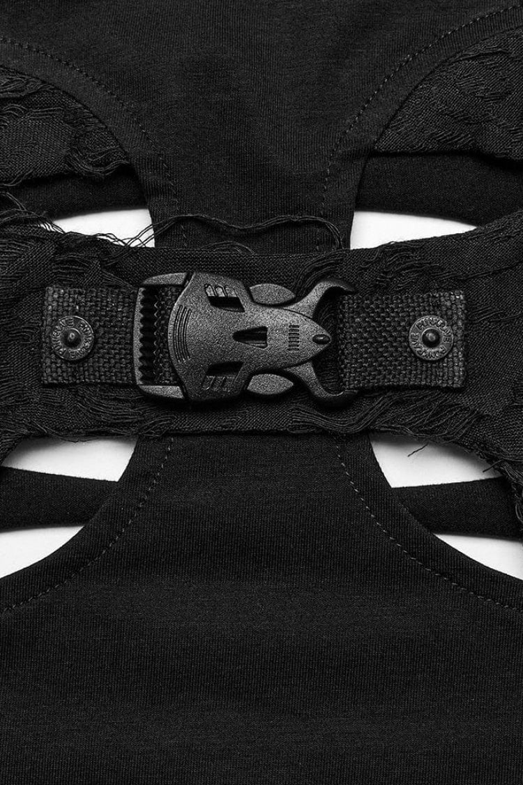 Schwarze langärmlige Gothic-Bluse mit Totenkopf-Schnallendekoration, durchsichtig, für Damen