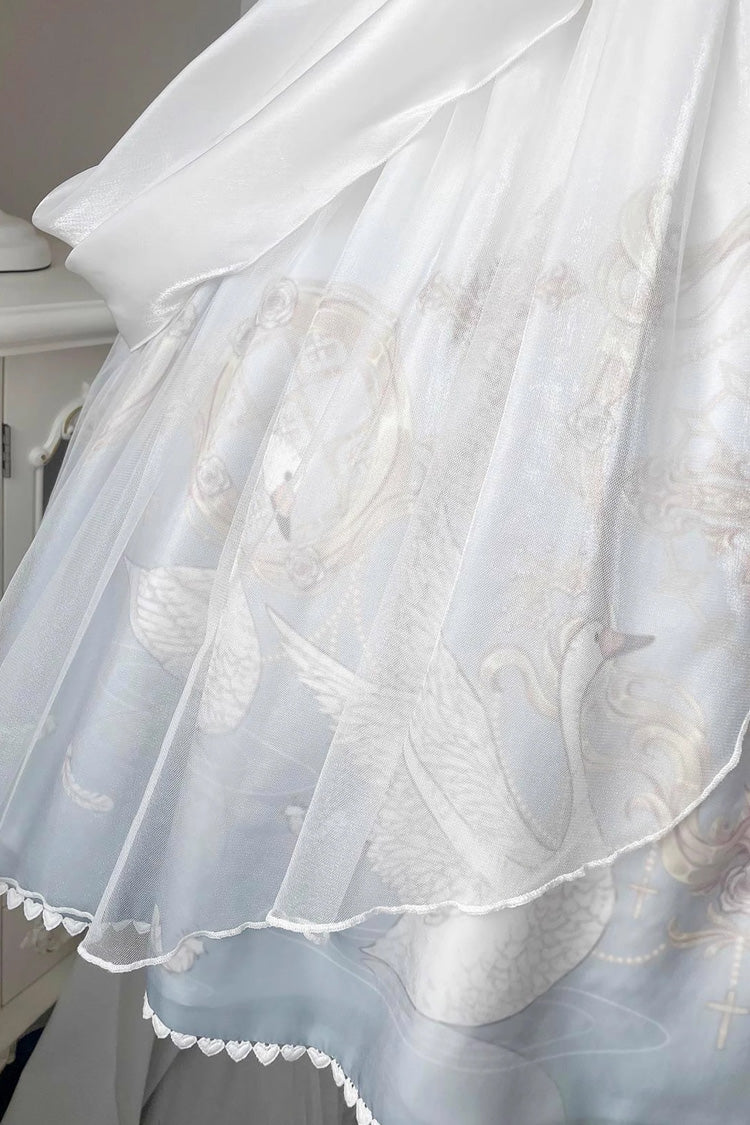 White/Blue [Flower and Letter] Swan Lake Print Ruffle Bowknot Elegant Lolita Jsk Dress