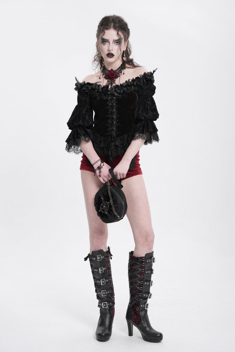 Red Off Shoulder Long Sleeves Ruffle Embroidery Lace-Up Women's Gothic Blouse