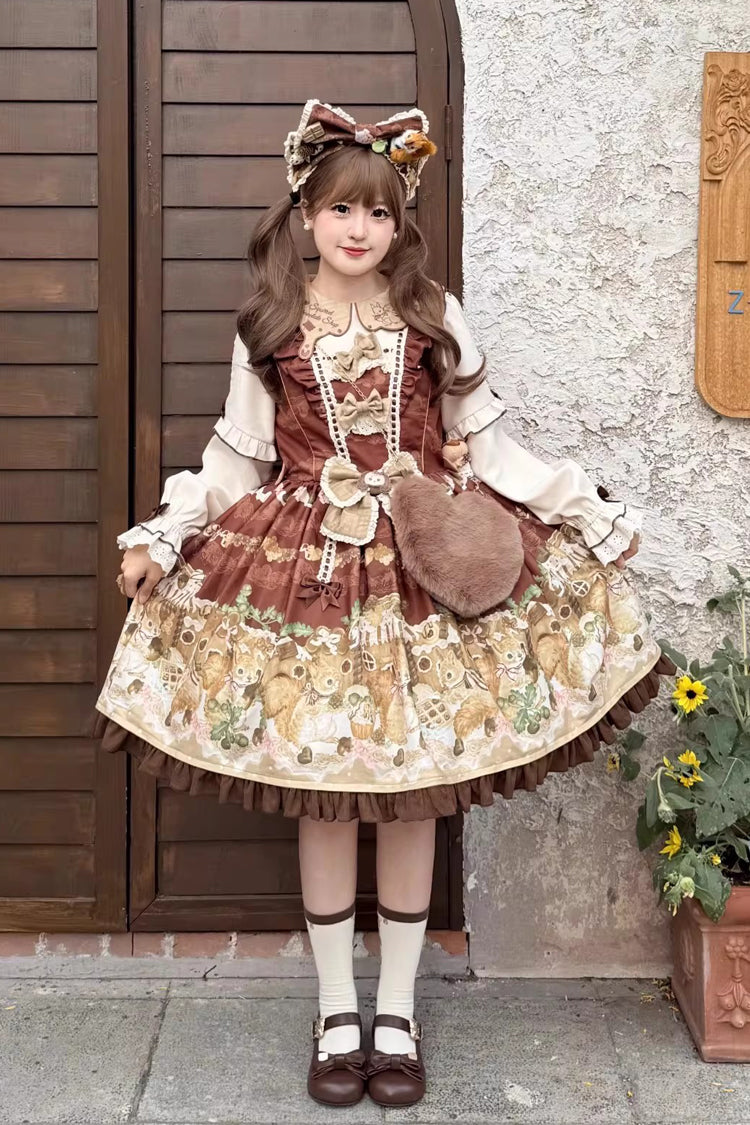 Brown [Squirrel Chocolate Shop] Doll Collar Long Sleeves Printed Ruffled Bow Sweet Lolita Dress