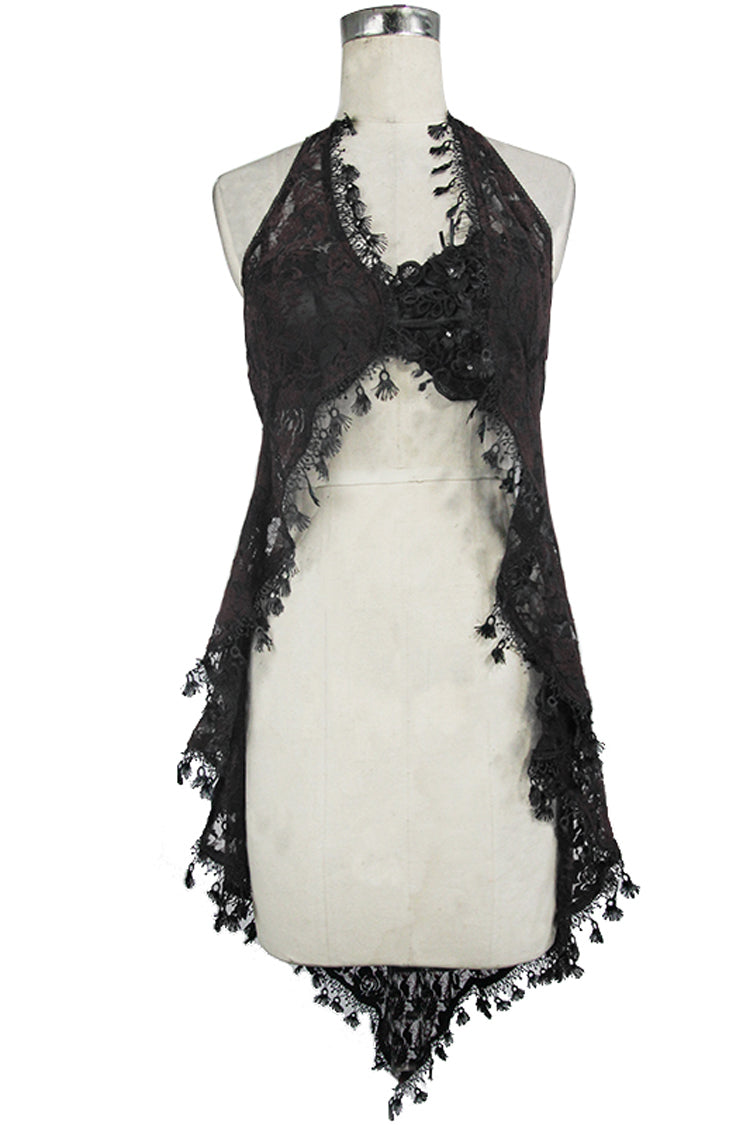 Black Frilly Tassel Hem Halter Lace Women's Gothic T-Shirt