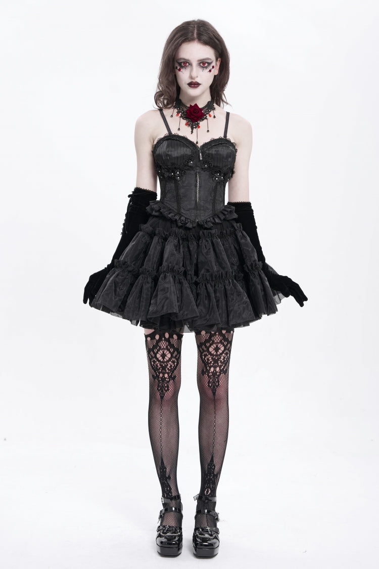 Black Sleeveless Ruffle Embroidery Lace-Up Women's Gothic Tank Top