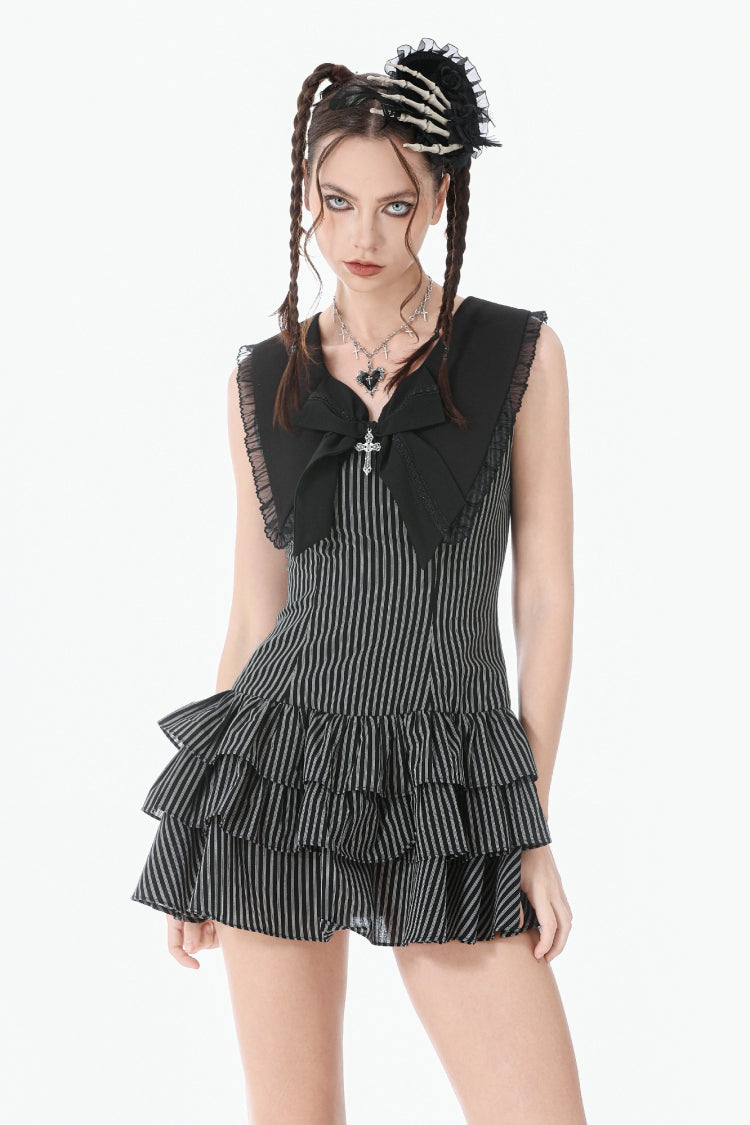 Schwarz/graues, marineblaues, ärmelloses, mehrlagiges, gerüschtes Damen-Gothic-Kleid mit Nadelstreifen und Schleife zum Schnüren