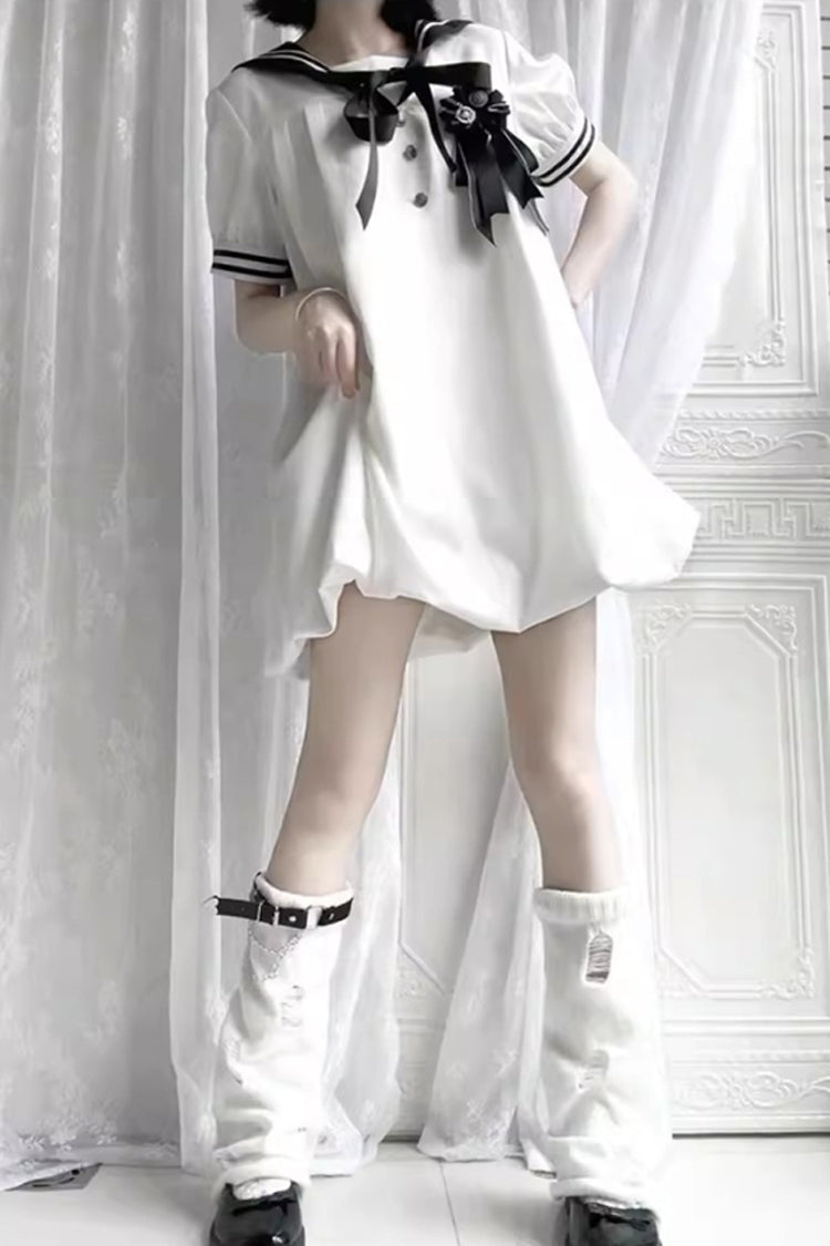 Black/White [Old Stories] Navy Collar Short Sleeves Bowknot Sweet Lolita Dress