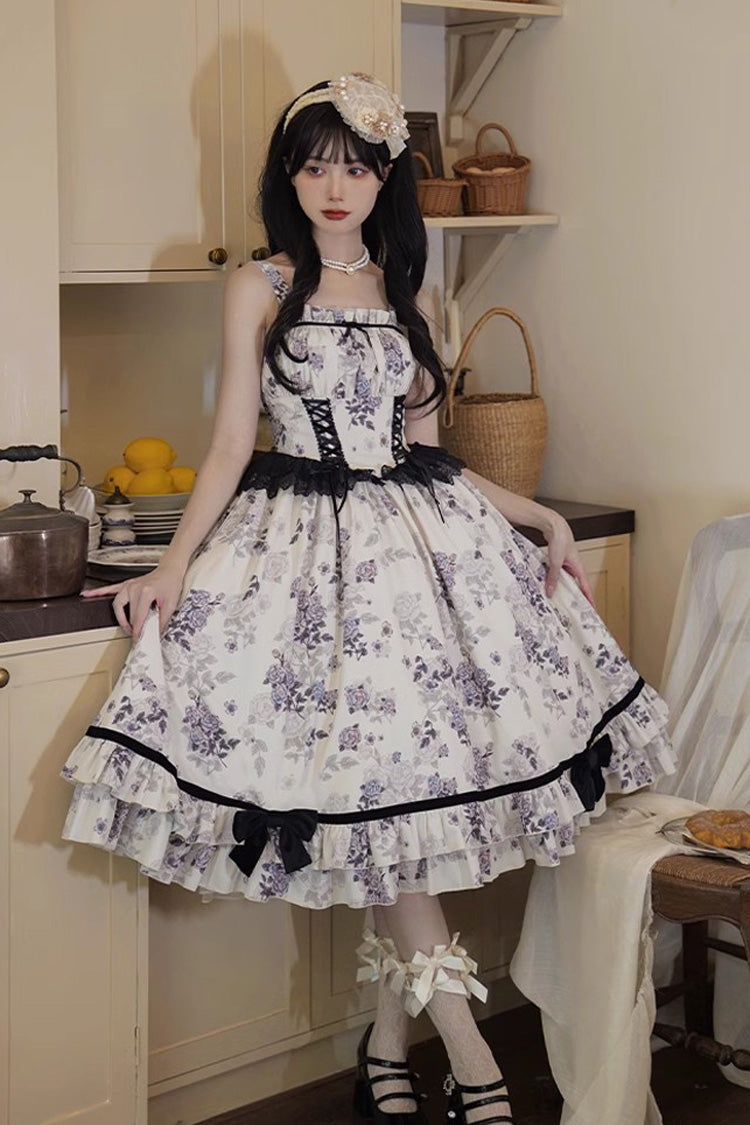 Ivory Rose Print Ruffle Sweet Elegant Princess Lolita Dress