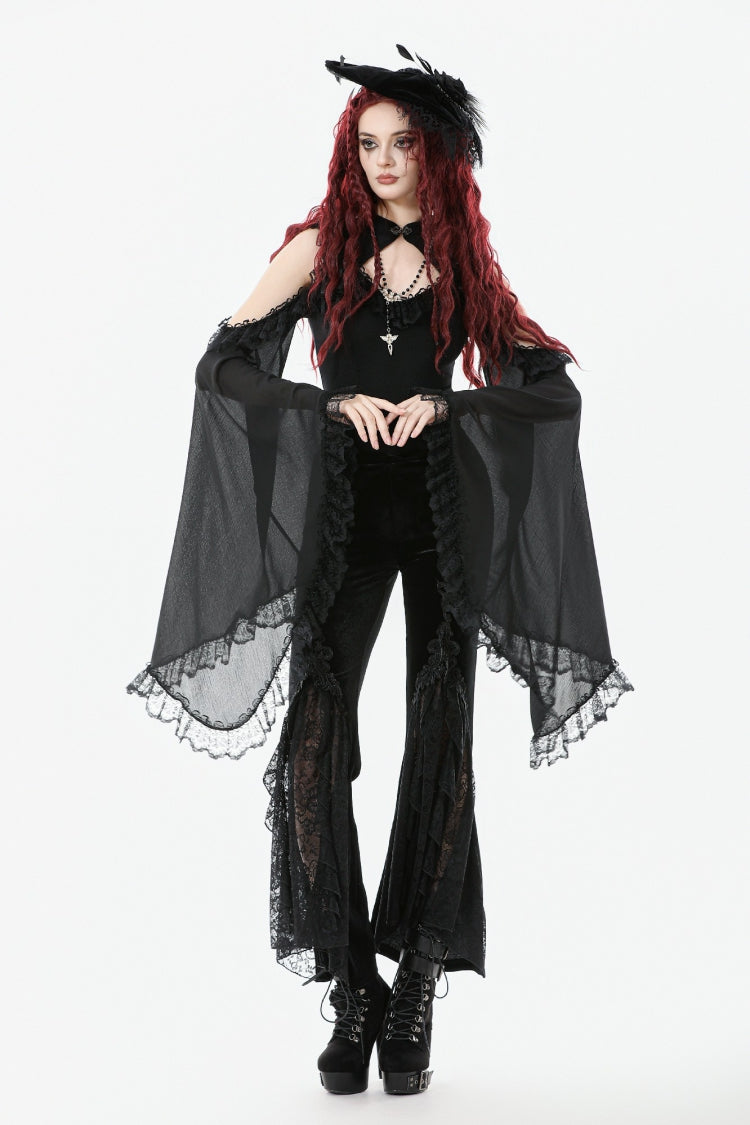 Schwarze Damen-Schlaghose mit floraler Stickerei und Gothic-Spitze