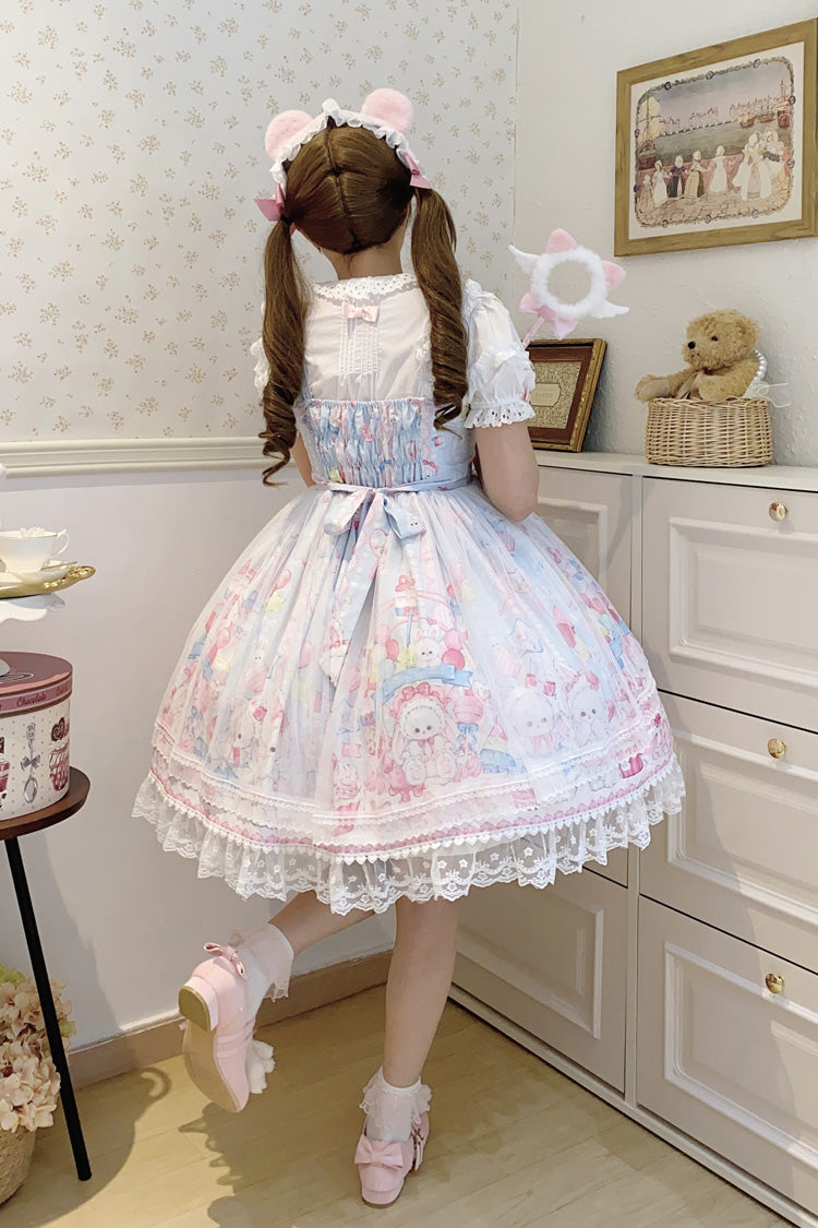 Blue [Cute Rabbit Sweet Cake] Print Ruffle Bowknot Lace Sweet Lolita Jsk Dress
