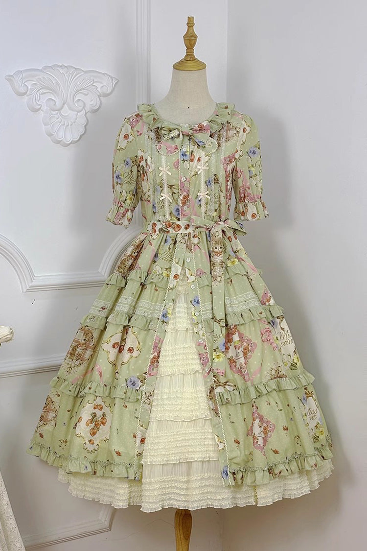 Robe Lolita Douce Quotidienne à Manches Courtes Imprimée Vert [Thé de Rose de Chat] avec Volants et Nœud Papillon 