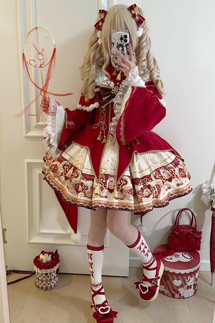 Red [New Year] Print Ruffle Bowknot Lace-Up Sweet Chinese Style Lolita Jsk Dress