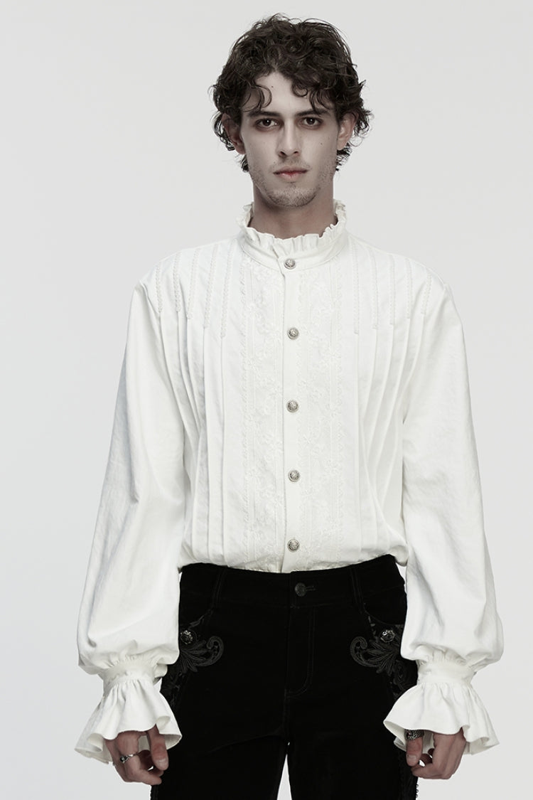 White Stand Collar Long Sleeves Ruffle Embroidery Pleated Men's Gothic Blouse