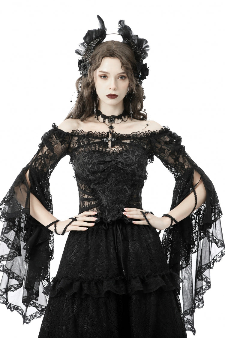 Cape gothique noire en dentelle à épaules dénudées et manches longues en trompette en maille florale pour femmes