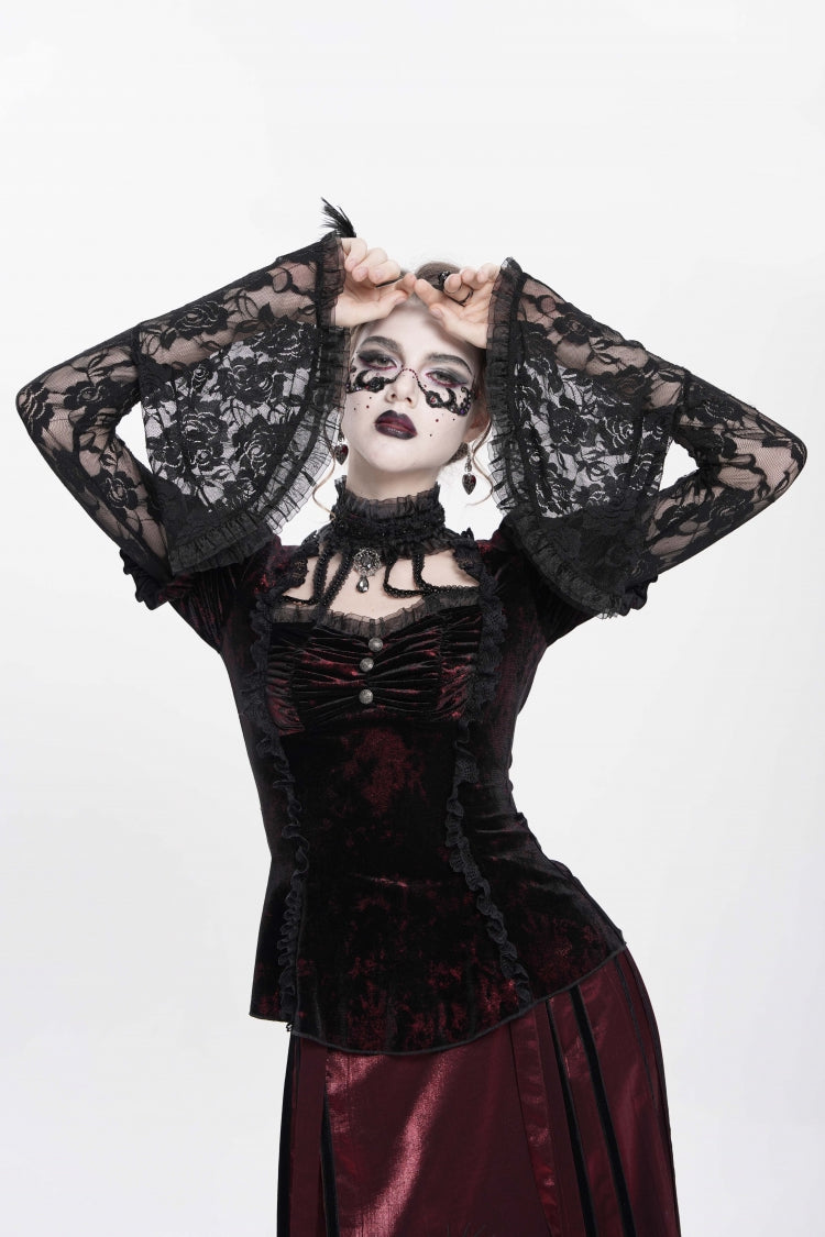 Rote lange Trompetenärmel Spitze Mesh Faux zweiteilige Plissee Öse Damen Gothic Palace Samtbluse