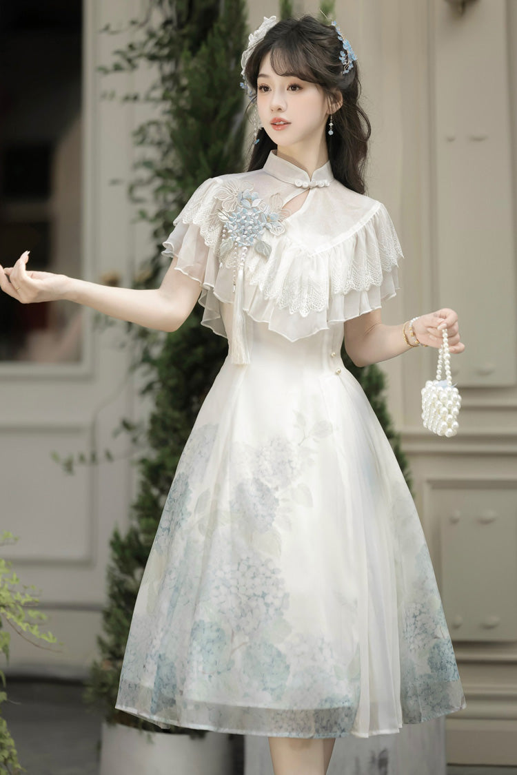 Blanc [Message Hydrangea] Manches courtes Imprimé Volant Dentelle Doux Style chinois Élégant Robe courte Lolita 