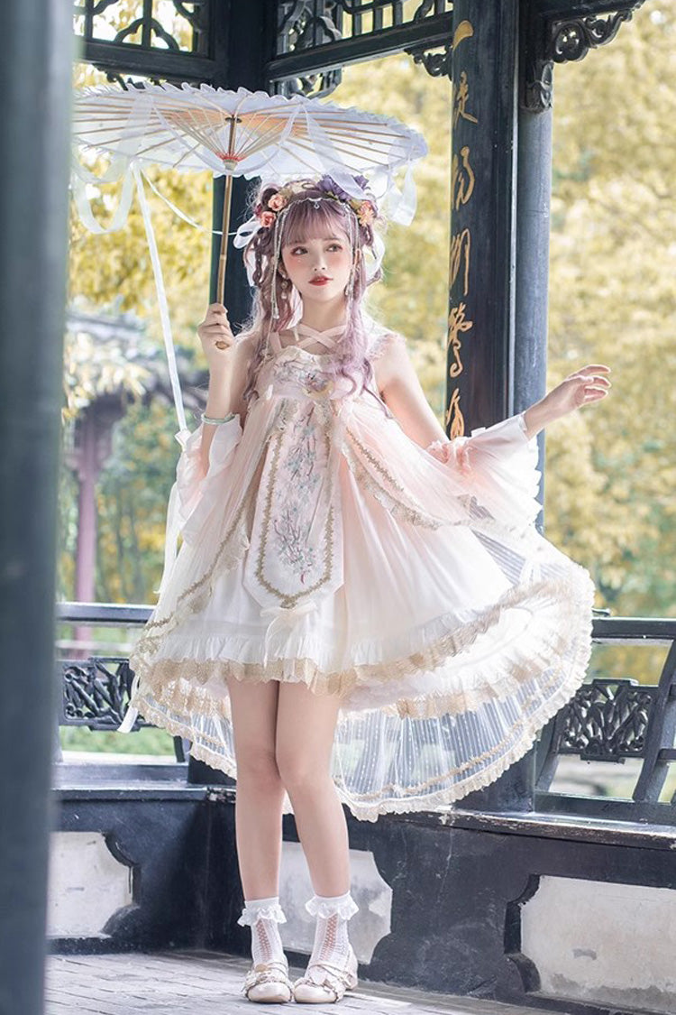 ピンク ノースリーブ フリル刺繍甘い中国風プリンセス ロリータ Jsk ドレス