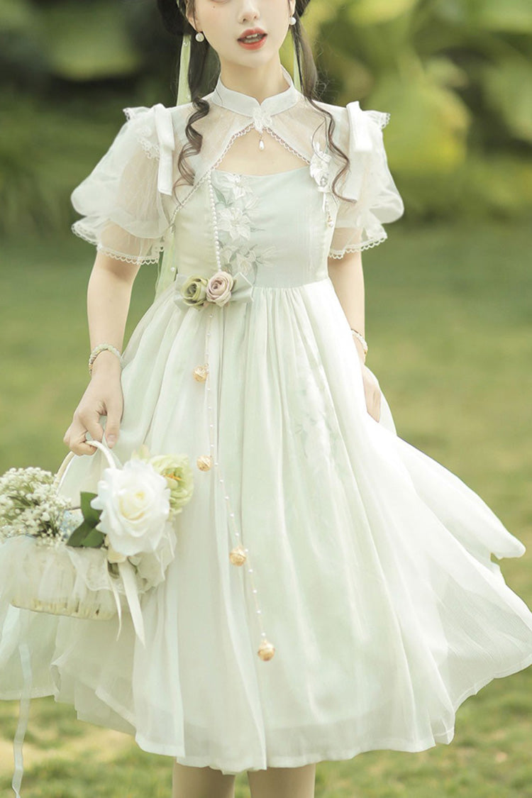Mintgrünes ärmelloses Lolita JSK-Kleid mit Lilienstickerei