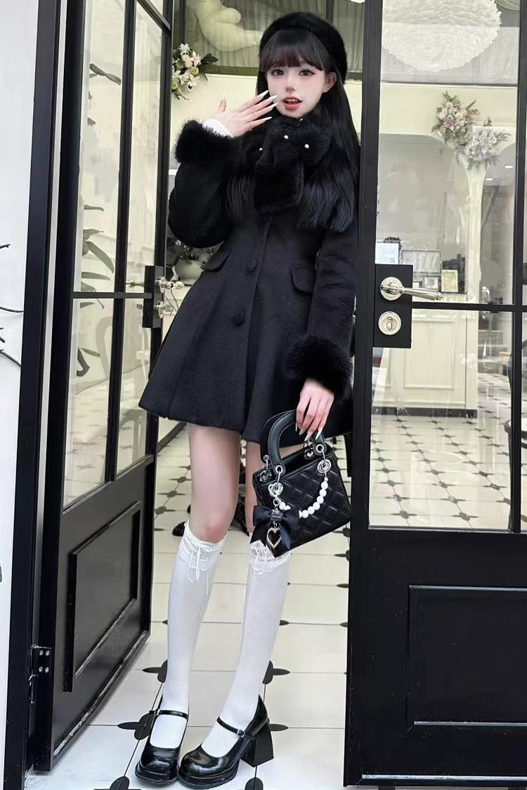 [First Love] Long Sleeves Faux Fox Fur Autumn Winter Wool Sweet Lolita Coat