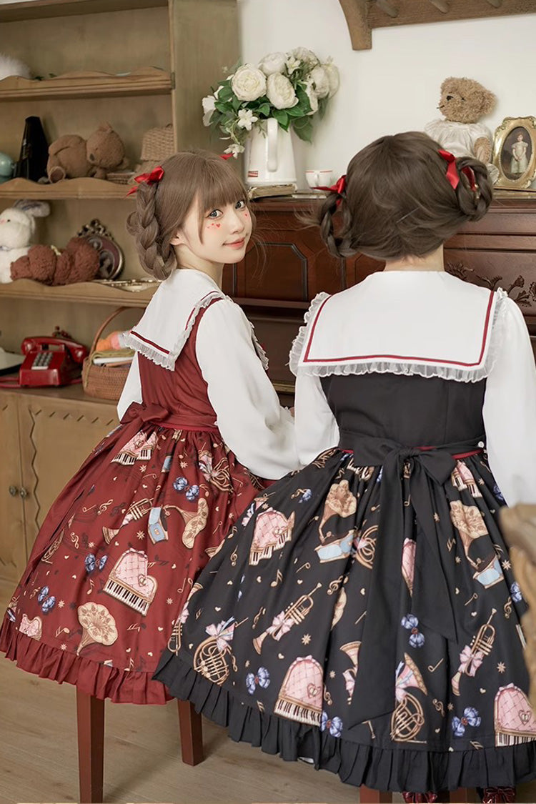 [Bärenband] Langärmliges Print Rüschen Schleife Spitze Süß Elegantes Prinzessin Lolita Kleid 3 Farben 