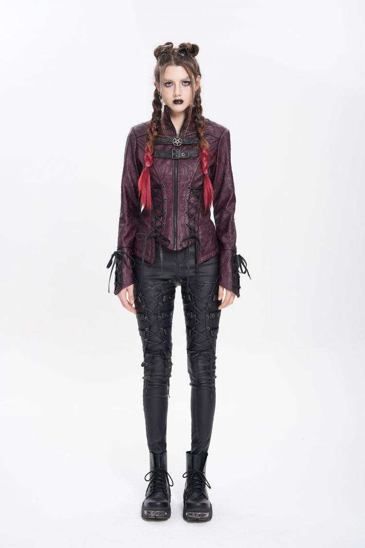 Red Pentacle Lace-Up Buckle Women's Punk Jacket