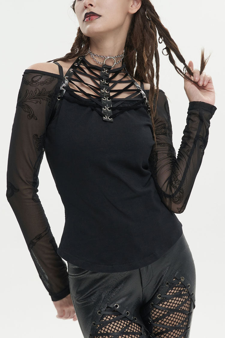 Schwarzes, schulterfreies Punk-T-Shirt für Damen mit Stretch-Stricknähten, beflocktem Aufdruck, Kragen und Bindeseil