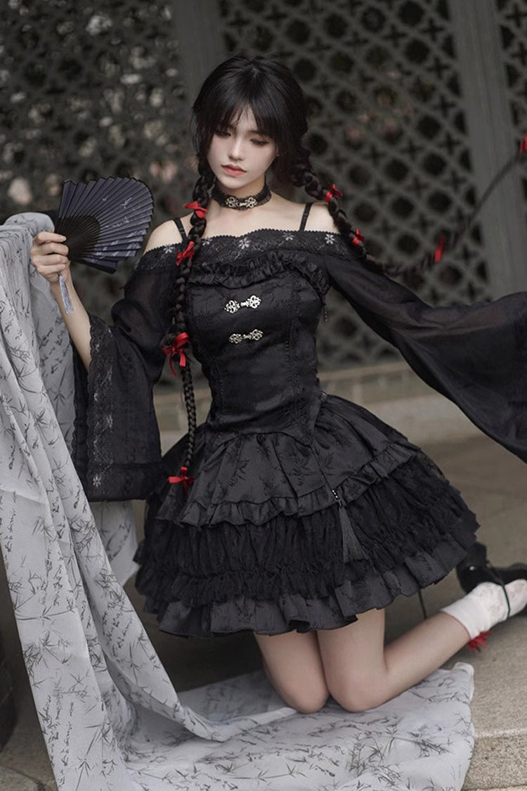 Black Bamboo Leaves Print Ruffle Lace Gothic Chinese Style Lolita Skirt