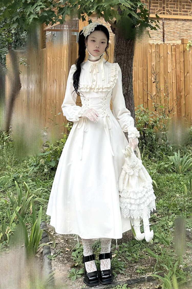 Apricot Stand Collar Long Sleeves Ruffled Lace-Up Gothic Lolita Dress