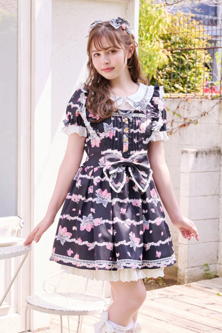 Black [Creamy Berry] Print Short Puff Sleeves Ruffle Bowknot Lace-Up Sweet Jirai Kei Japanese Dress