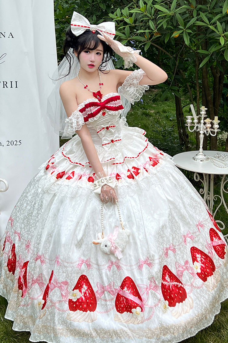 White [True Love Strawberry] Print Off Shoulder Sleeveless Ruffle Bowknot Lace Sweet Princess Lolita Dress Set