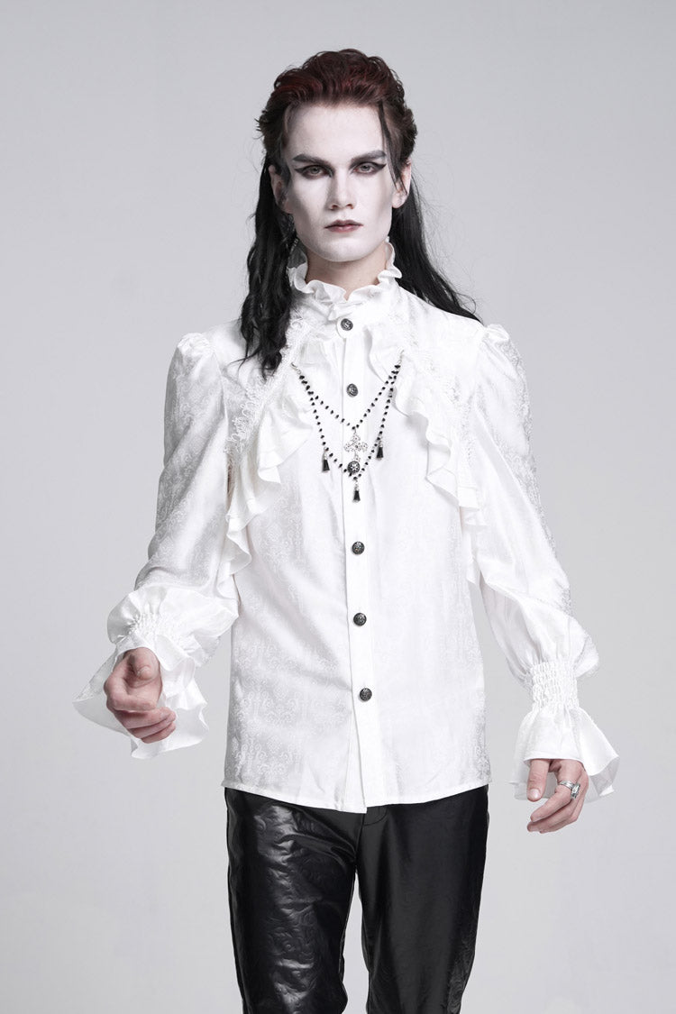 White Stand Collar Long Sleeves Ruffle Lace Cross Men's Gothic Blouse