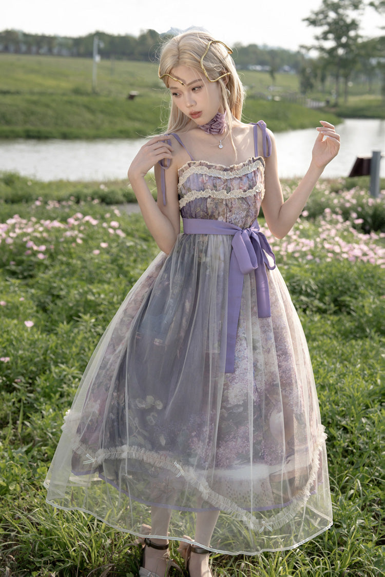 Peinture à l'huile violette [– À l'ombre des arbres en fleurs] Robe Jsk Lolita douce sans manches à imprimé volant avec nœud en dentelle 