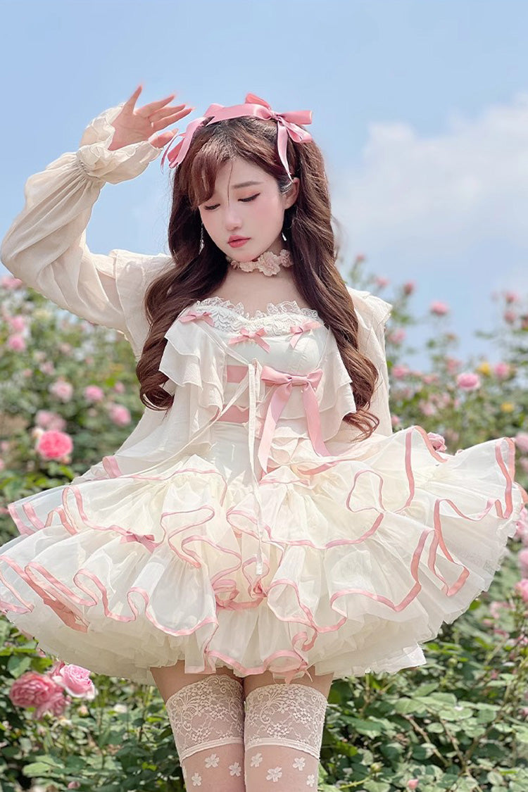 Pink/Beige Ballerina Style Bowknot Slim Fluffy Princess Sweet Lolita Tiered Dress