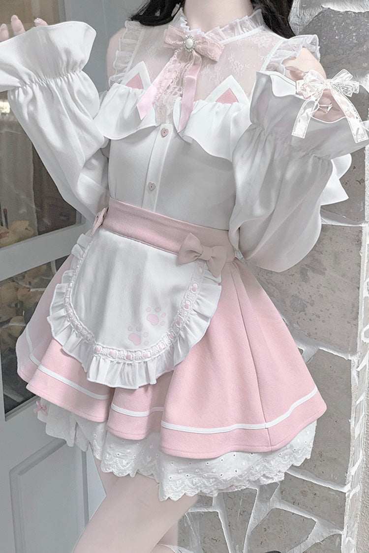White/Pink Off Shoulder Long Sleeves Ruffle Bowknot Lace Sweet Jirai Kei Skirt