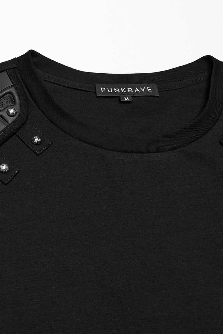 Black Round Collar Sleeveless Studded Stitching Shoulder Patched Men's Punk Vest