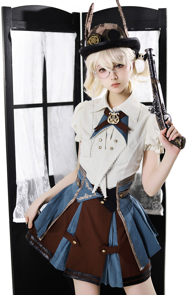 [Conducteur de Train de la Ville des Fées] Ensemble Jupe Lolita Punk Élégant à Manches Courtes avec Broderie de l'Académie Britannique 