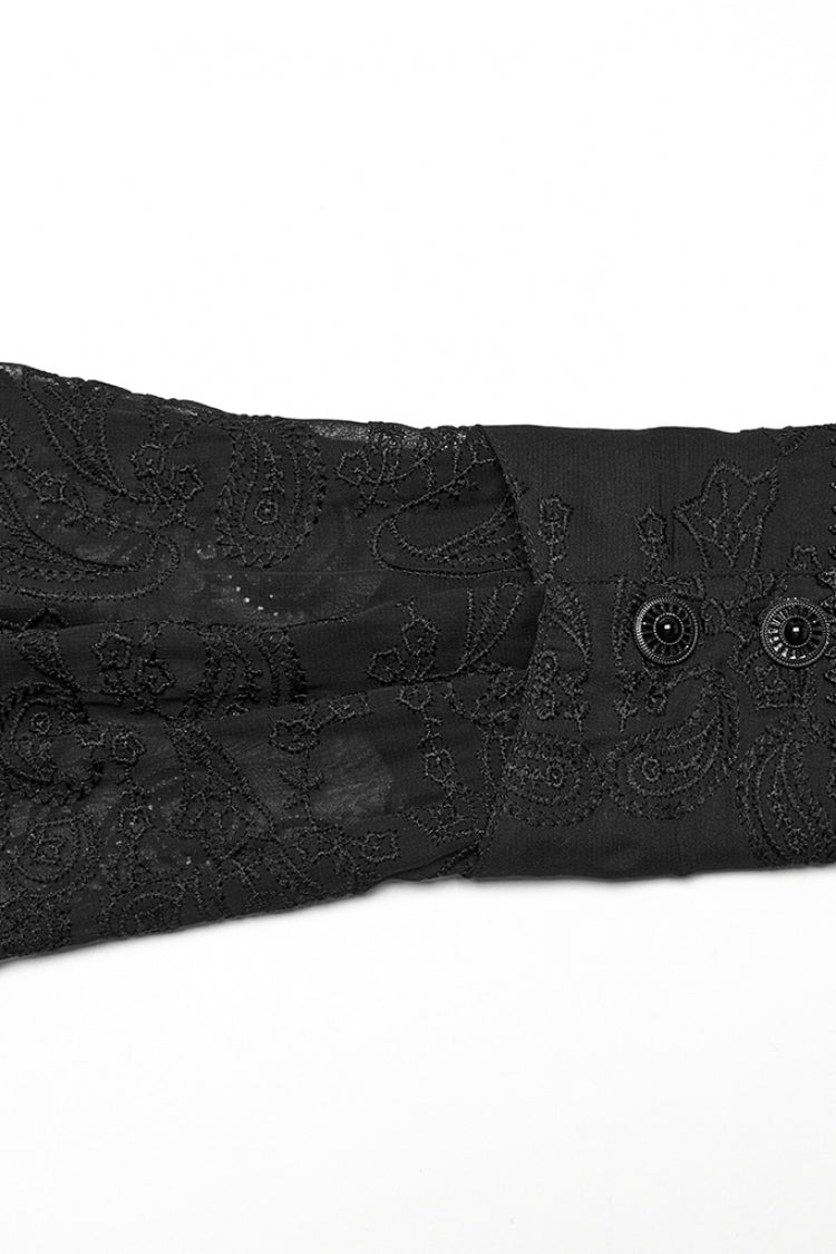 Schwarze Stehkragen Chiffon Langarm Hohles Stickerei Herren Gothic Bluse 