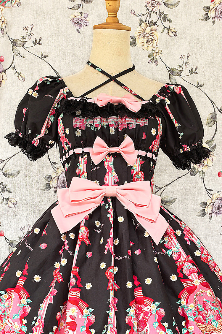 [Strawberry Chef] Short Sleeves Print Bowknot Lace Sweet Lolita Dress 4 Colors