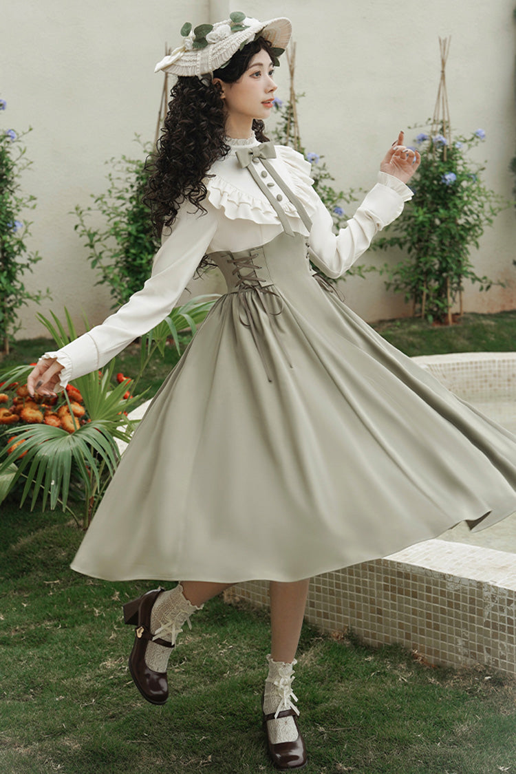 White/Green [Wind Garden] Stand Collar Ruffle Lace-Up Color Matching Fake Two Pieces Classic Vintage Lolita Dress