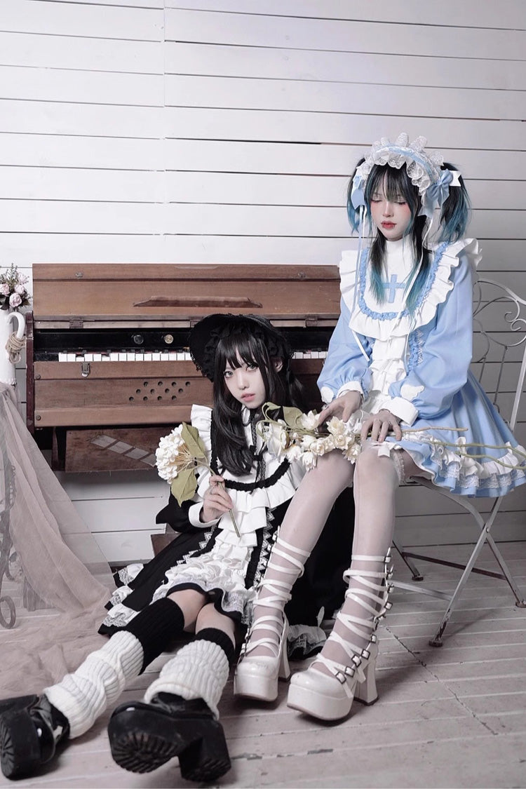 White/Blue Long Sleeves Multi-layer Cross Print Nun Style Ruffle Sweet Lolita Dress