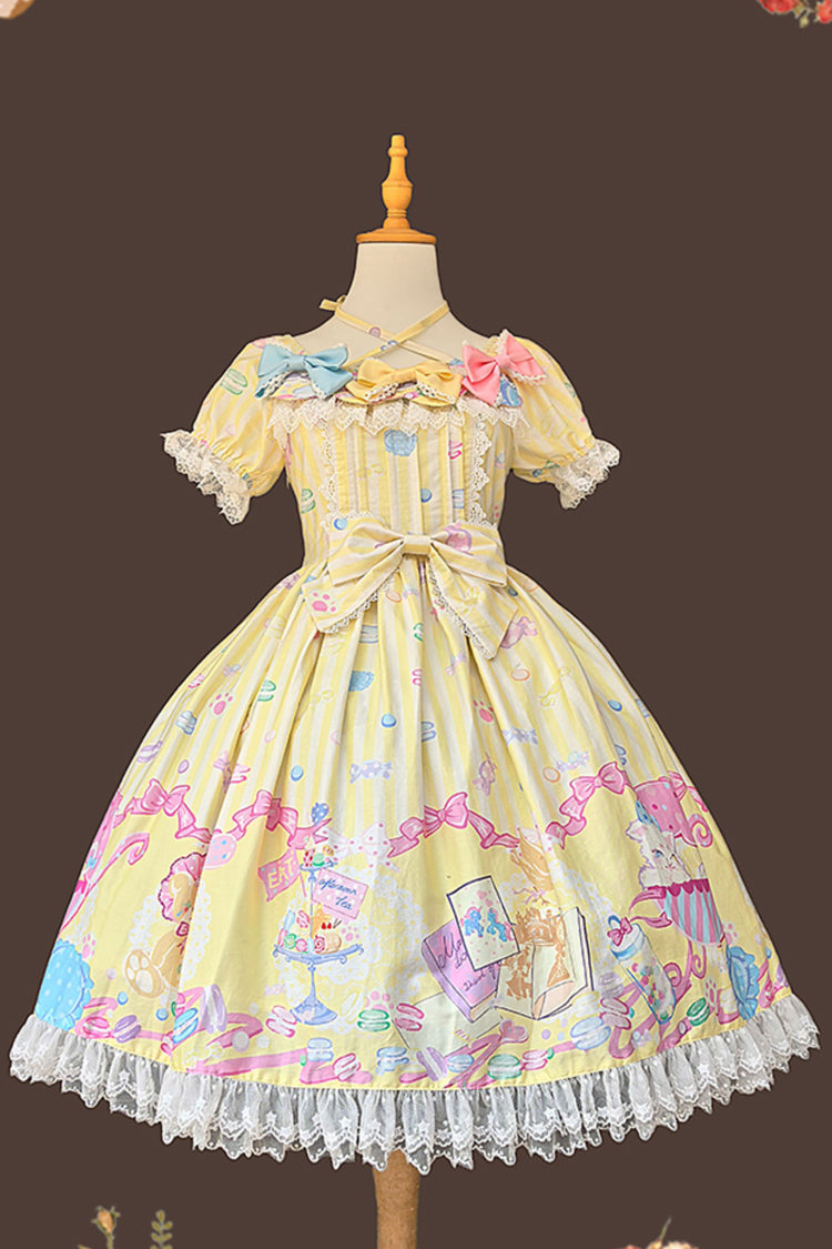 [Macaron Dolly House] Robe Lolita douce à col Claudine, manches courtes, imprimé nœud papillon, 3 couleurs 