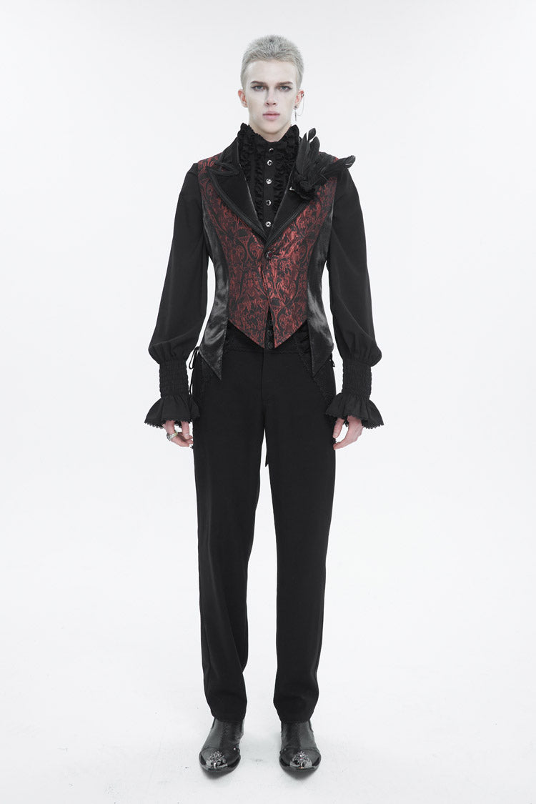 Black/Red Vintage Dark Pattern Men's Gothic Vest With Brooch